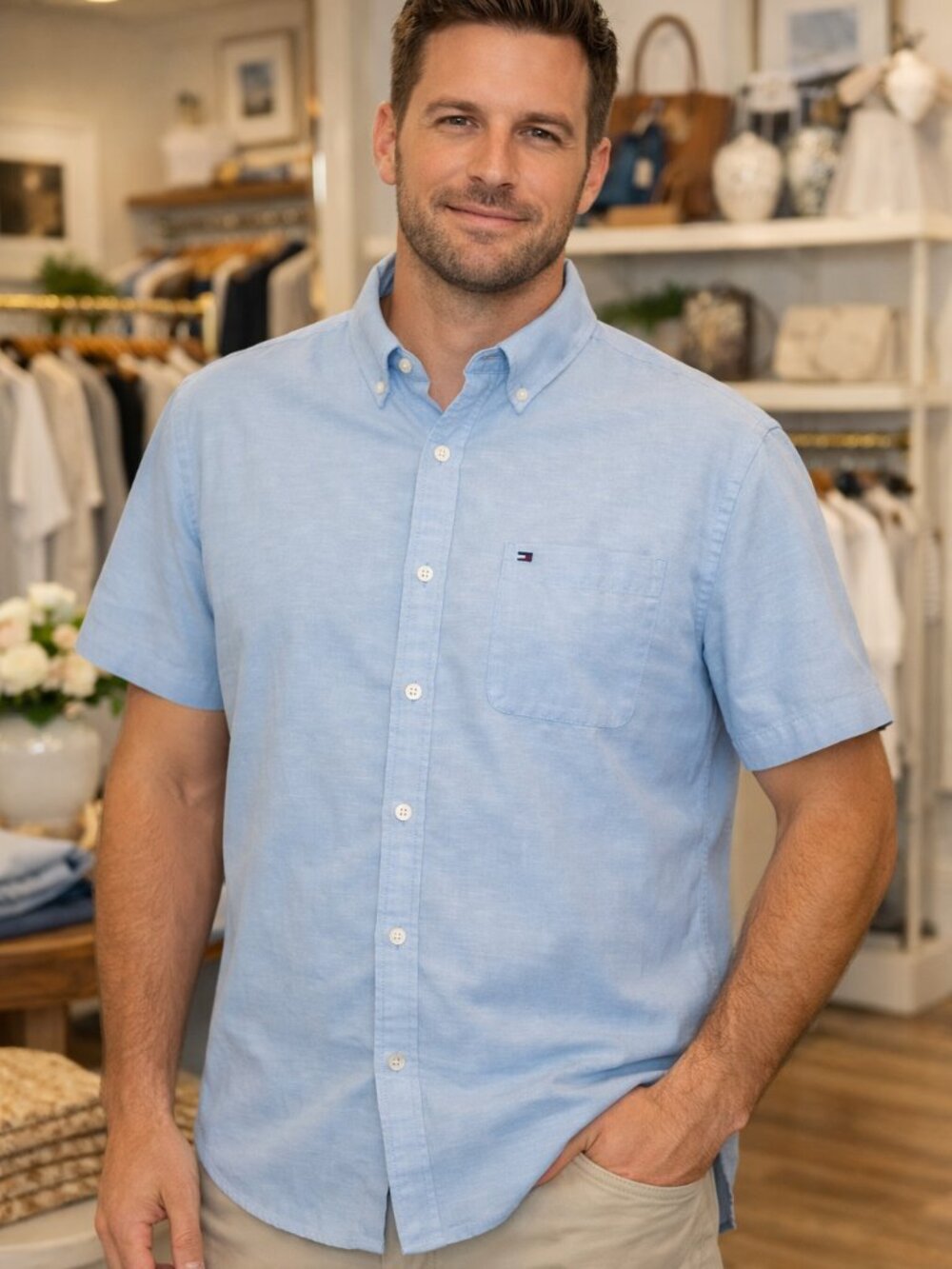 Tommy Hilfiger Pale Blue Casual Button-Down Shirt. Size L